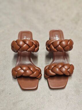 Braided Brown Block Heel Sandals With Square Toe Womens Stylish Open-Toe Slip-On